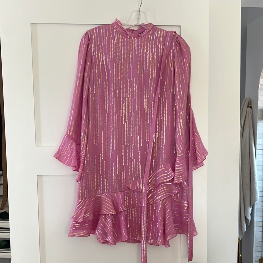 Saloni Larrisa Pink and Gold Ruffle Dress with belt - great condition